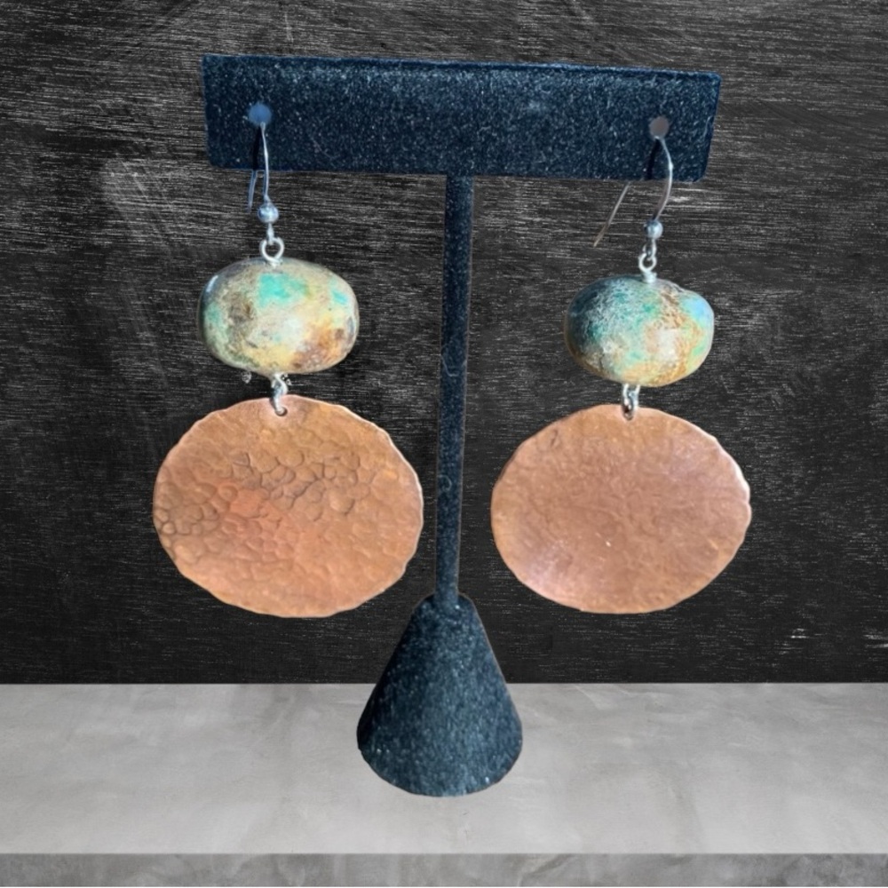 Handmade Turquoise Rondelle Bead & Hammered Copper Disc Earrings Festival Artsy